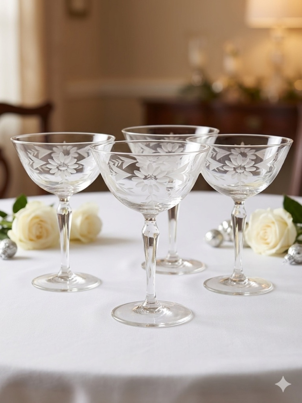 Set Of 4 Etched Glass Champagne Coupes - Floral Pattern - Elegant Stemware